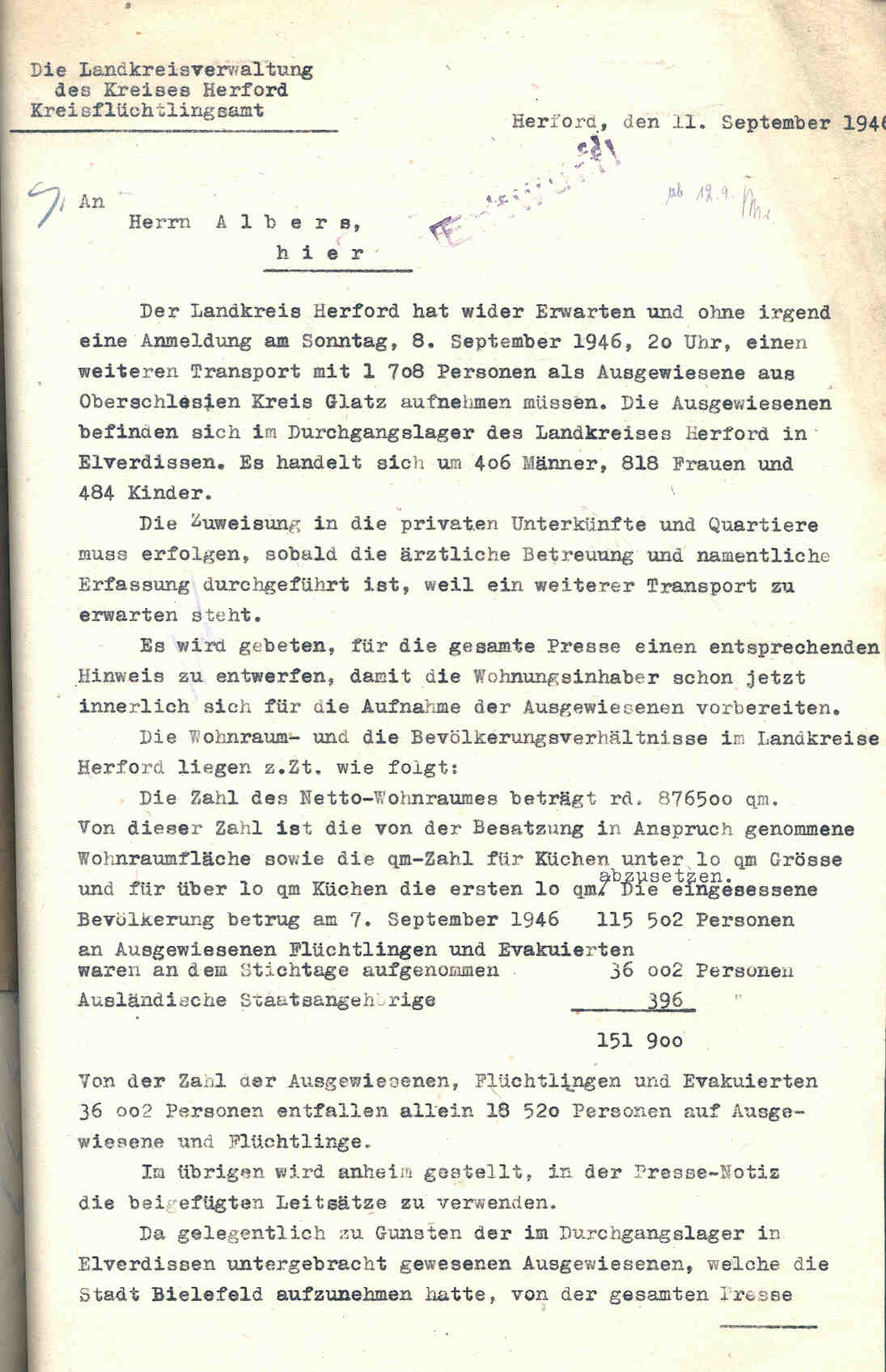 Das Kreisflüchtlingsamt über die Unterbringung der Flüchtlinge des Transports "Aktion Schwalbe" vom  8. September 1946 aus Oberschlesien, Herford, den 11. September und 18. Oktober 1946.