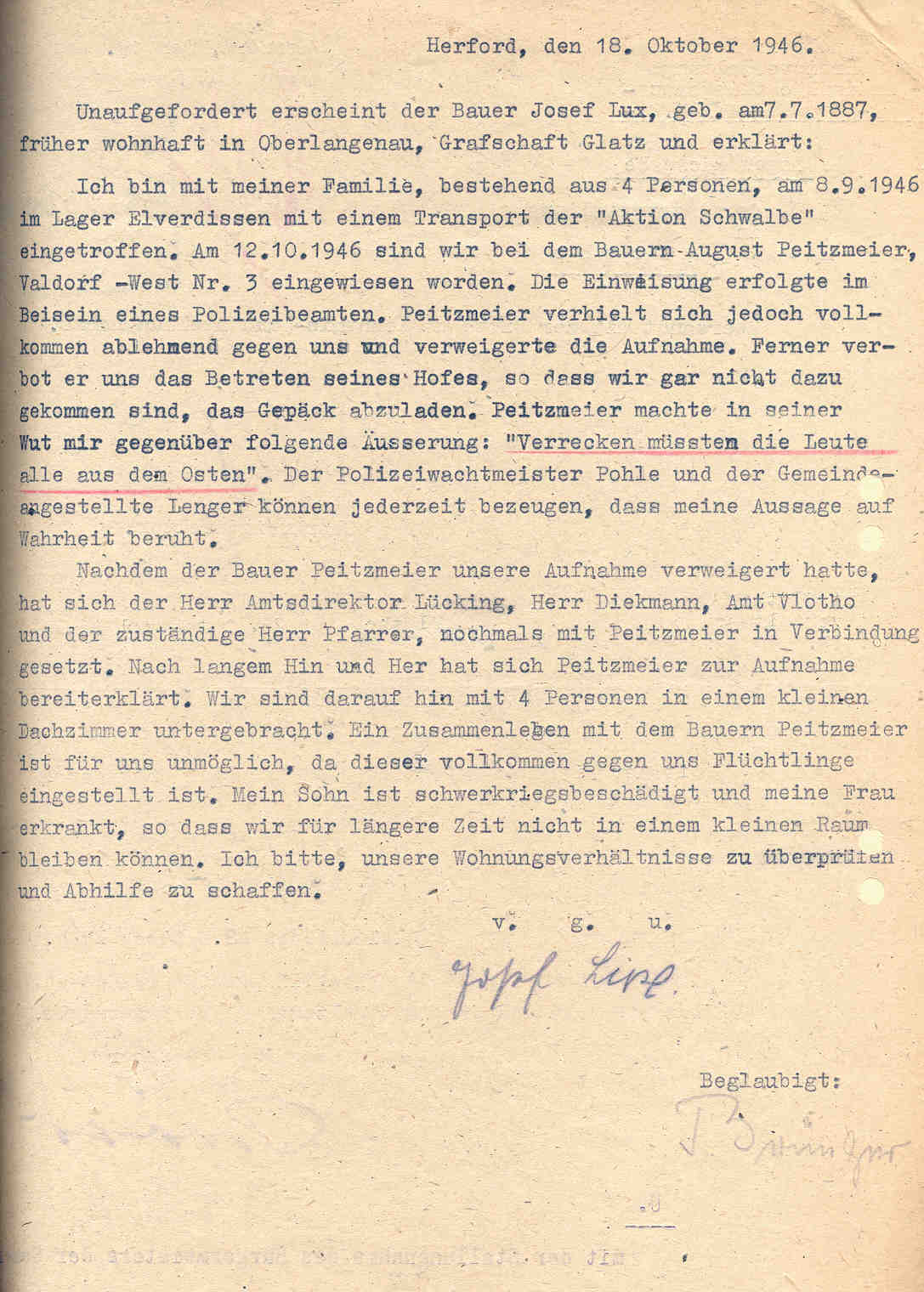Das Kreisflüchtlingsamt über die Unterbringung der Flüchtlinge des Transports "Aktion Schwalbe" vom  8. September 1946 aus Oberschlesien, Herford, den 11. September und 18. Oktober 1946.
