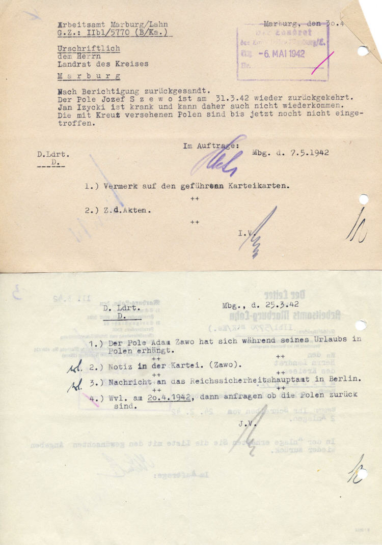 Der Leiter des Arbeitsamtes Marburg: Freizeitgewährung für polnische Landarbeiter (unbezahlte Freizeit zum Zwecke des Besuchs von Angehörigen im Generalgouvernement)