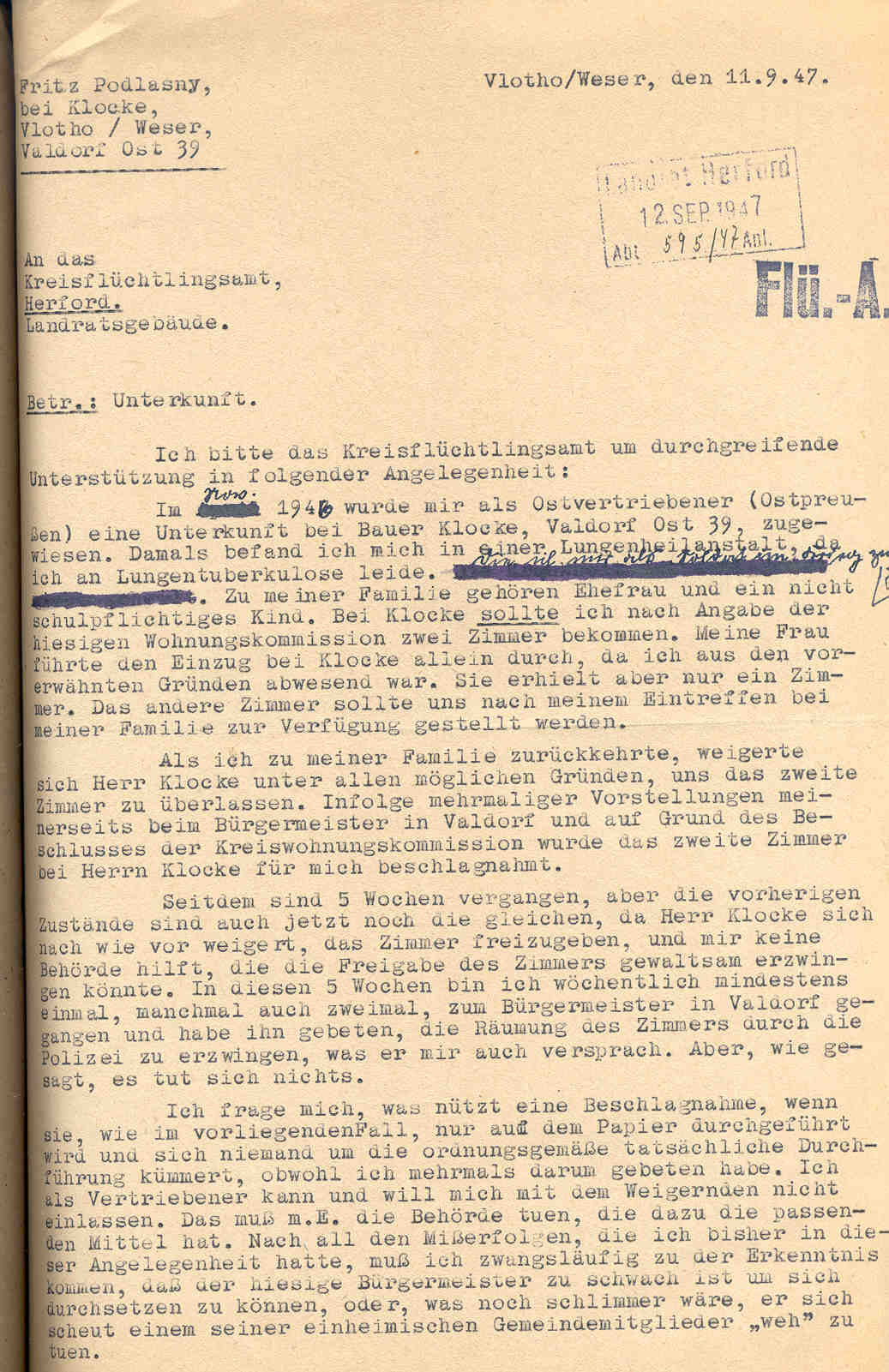 Konflikt um die Unterbringung von Flüchtlingen aus Ostpreußen im Hause des Bauern Konrad Klocke in Valdorf-Ost, Vlotho, Herford von Juli bis September 1947.