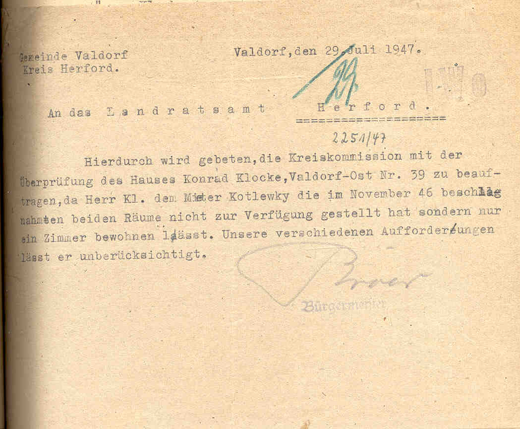 Konflikt um die Unterbringung von Flüchtlingen aus Ostpreußen im Hause des Bauern Konrad Klocke in Valdorf-Ost, Vlotho, Herford von Juli bis September 1947.