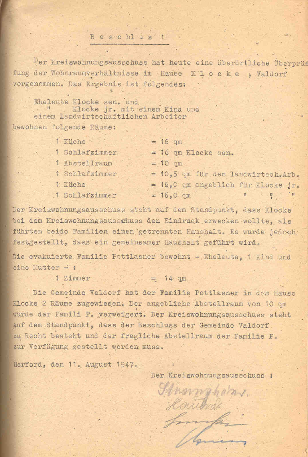 Konflikt um die Unterbringung von Flüchtlingen aus Ostpreußen im Hause des Bauern Konrad Klocke in Valdorf-Ost, Vlotho, Herford von Juli bis September 1947.