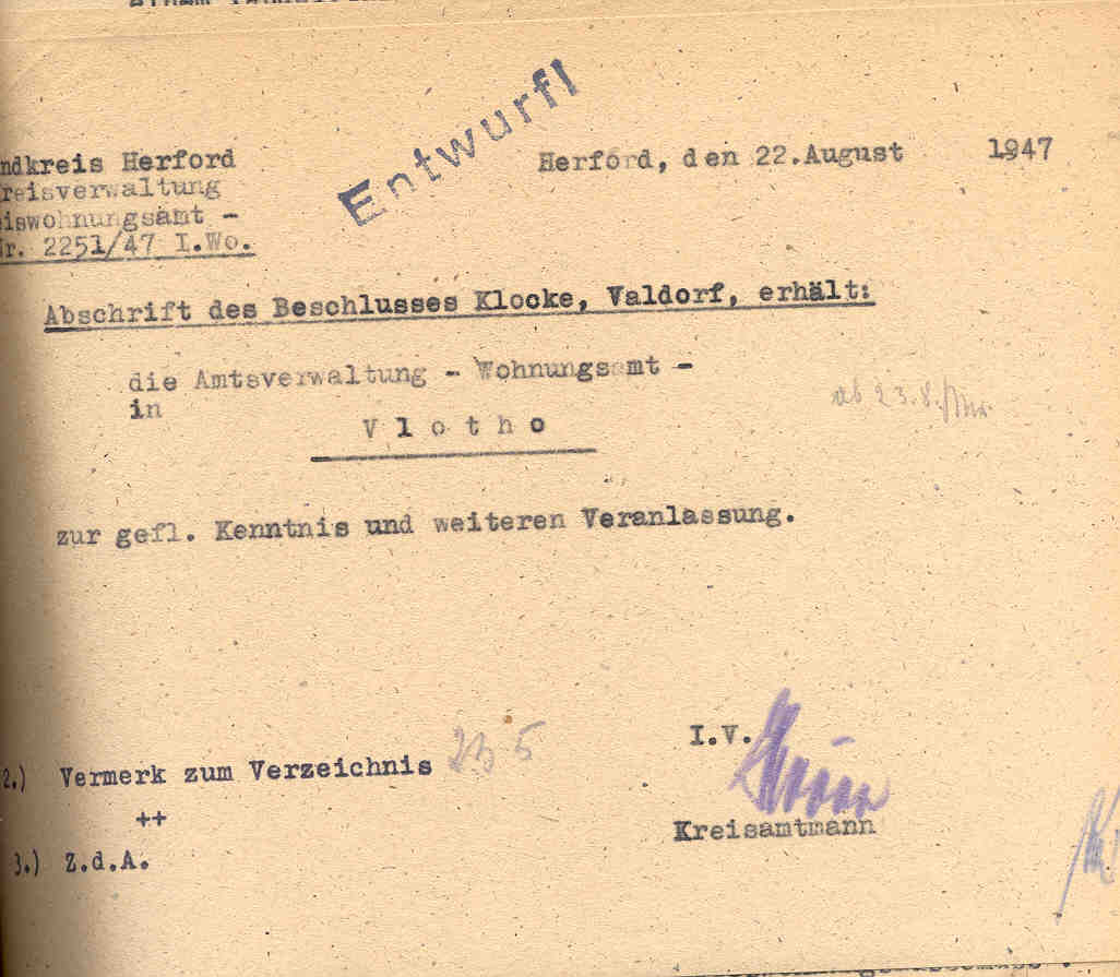 Konflikt um die Unterbringung von Flüchtlingen aus Ostpreußen im Hause des Bauern Konrad Klocke in Valdorf-Ost, Vlotho, Herford von Juli bis September 1947.