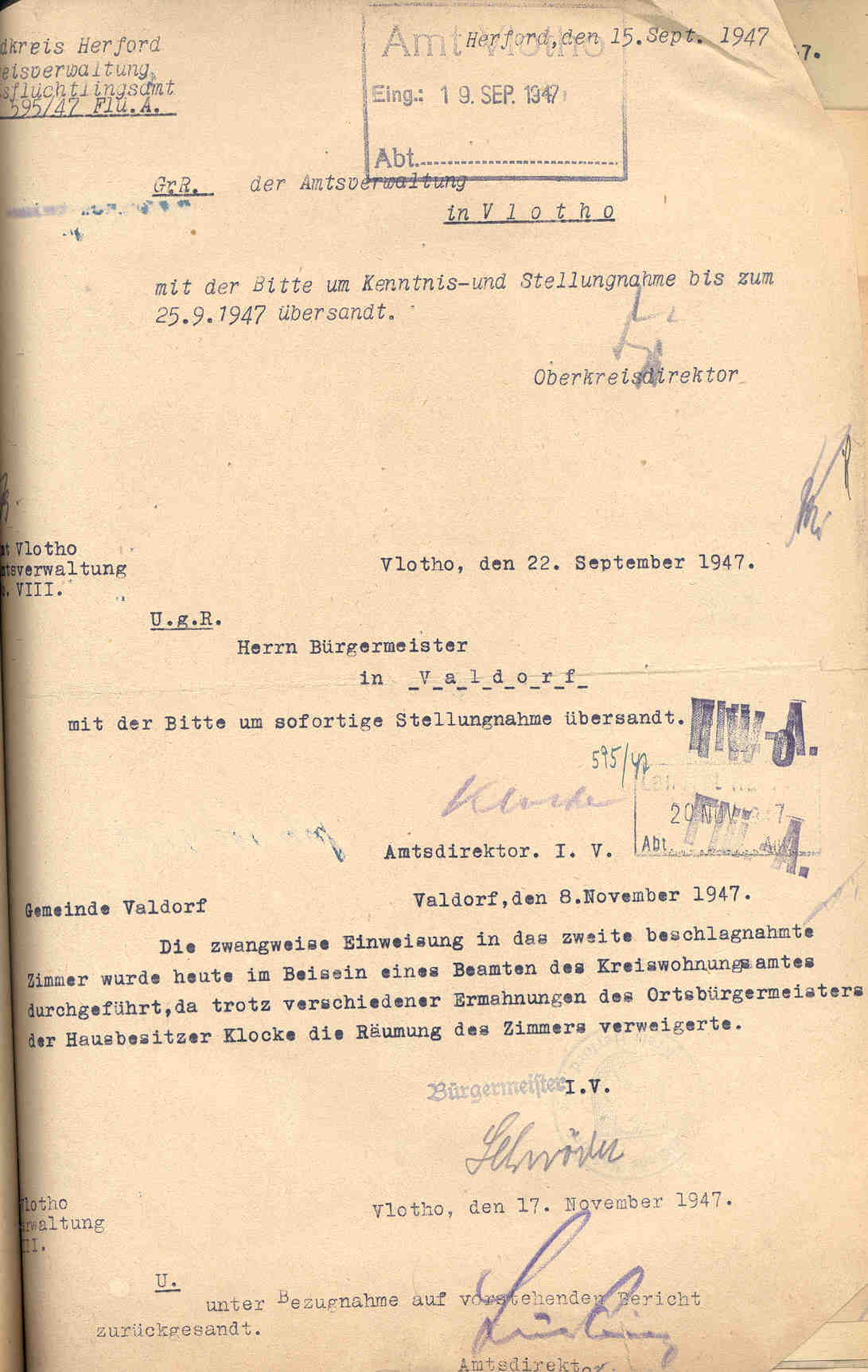 Konflikt um die Unterbringung von Flüchtlingen aus Ostpreußen im Hause des Bauern Konrad Klocke in Valdorf-Ost, Vlotho, Herford von Juli bis September 1947.