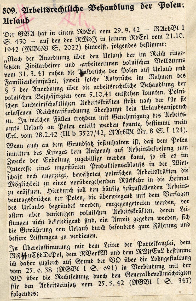 Nachrichtendienst DTG vom 5. November 1942: Arbeitsrechtl. Behandlung der Polen: Urlaub