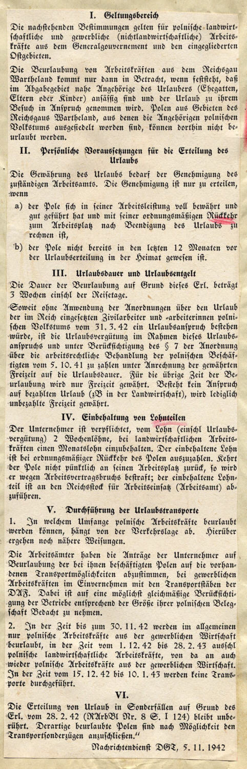 Nachrichtendienst DTG vom 5. November 1942: Arbeitsrechtl. Behandlung der Polen: Urlaub
