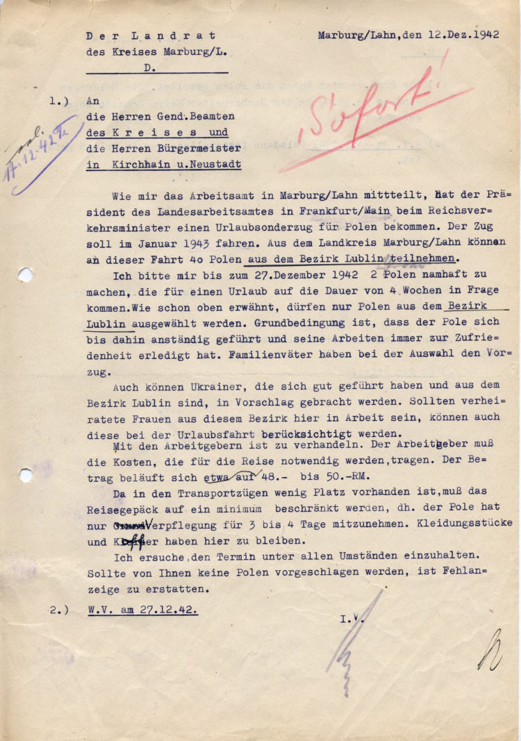 Der Landrat des Kreises Marburg:  Urlaubssonderzug für Polen aus dem Bezirk Lublin im Januar 1943