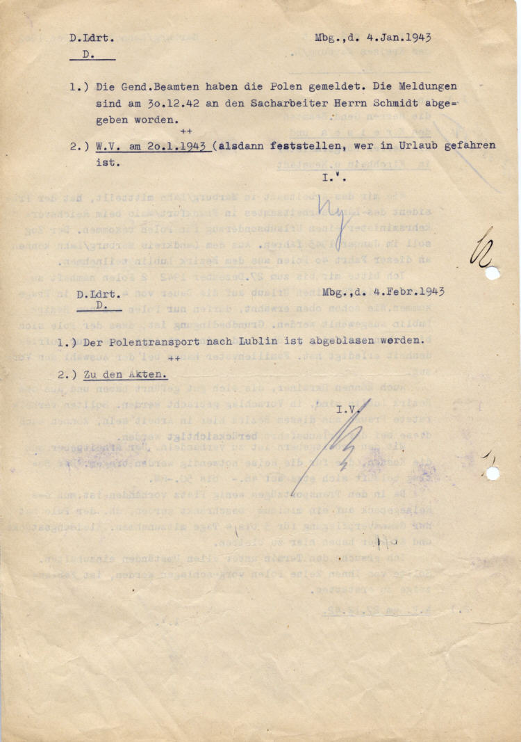 Der Landrat des Kreises Marburg:  Urlaubssonderzug für Polen aus dem Bezirk Lublin im Januar 1943