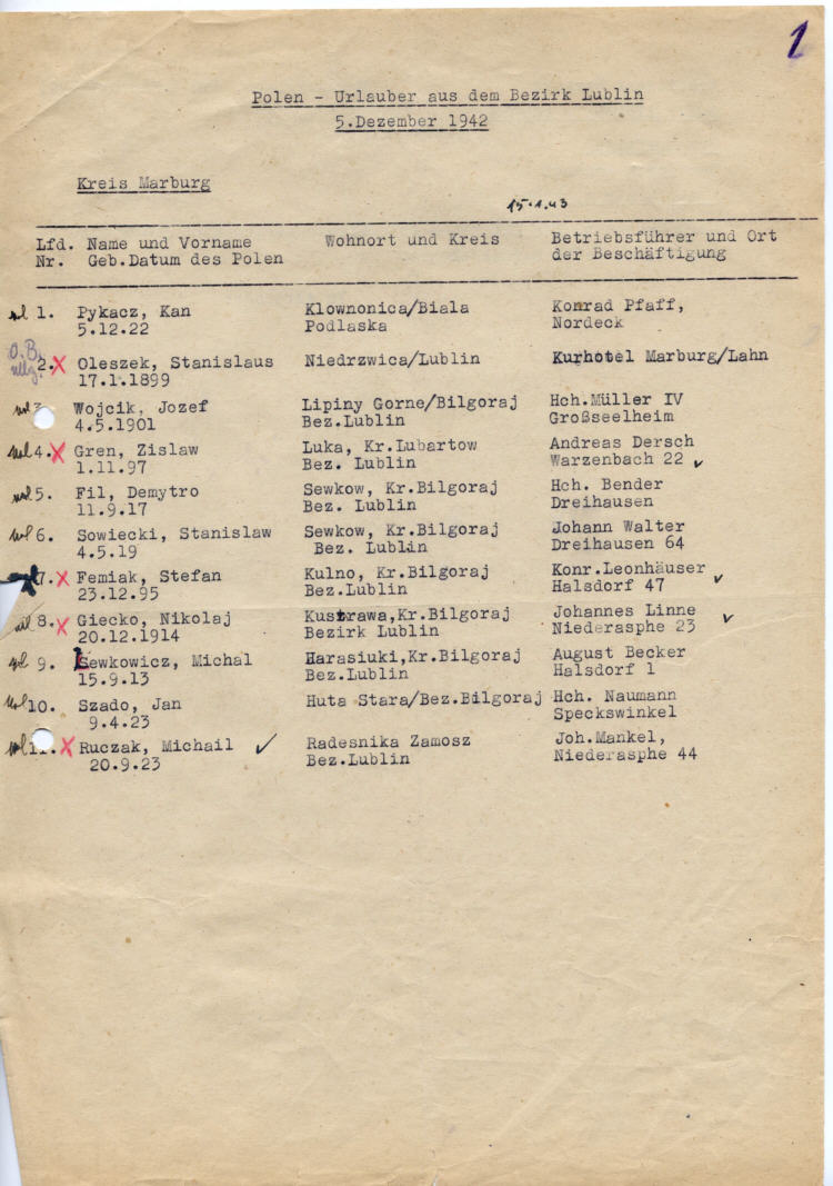 Der Landrat des Kreises Marburg:  Urlaubssonderzug für Polen aus dem Bezirk Lublin im Januar 1943
