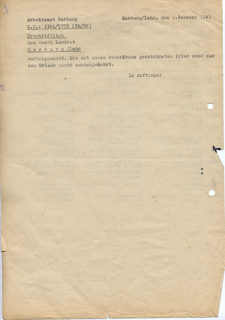 Der Landrat des Kreises Marburg:  Urlaubssonderzug für Polen aus dem Bezirk Lublin im Januar 1943