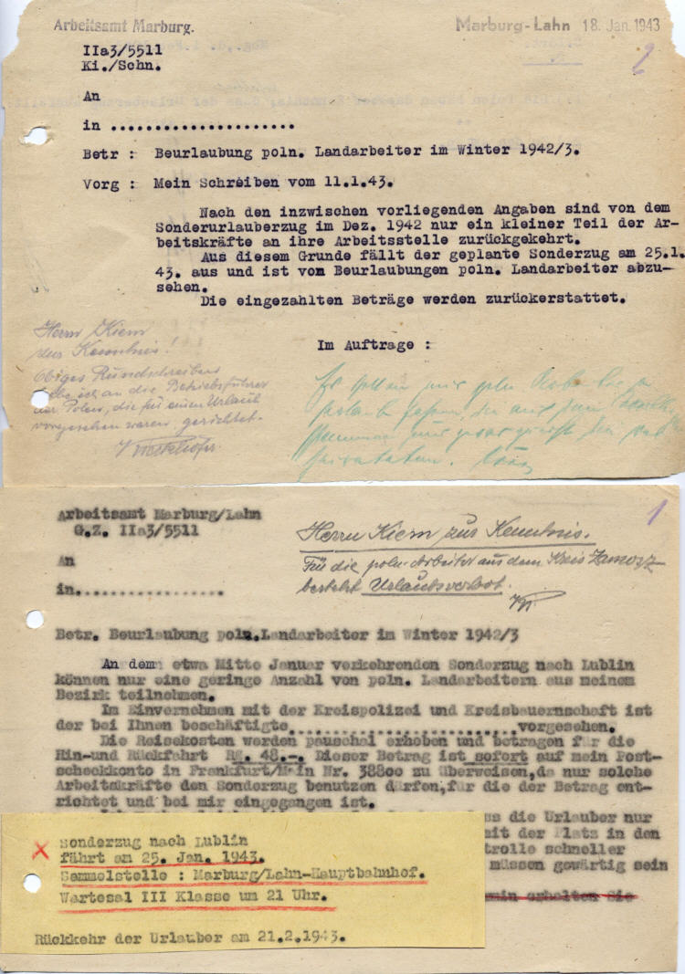 Der Landrat des Kreises Marburg:  Urlaubssonderzug für Polen aus dem Bezirk Lublin im Januar 1943