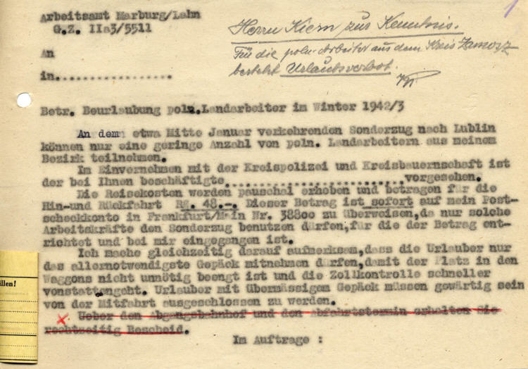 Der Landrat des Kreises Marburg:  Urlaubssonderzug für Polen aus dem Bezirk Lublin im Januar 1943