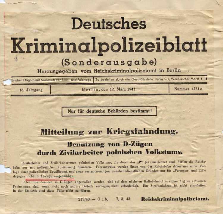 Deutsches Kriminalpolizeiblatt: Benutzung von D-Zügen durch Zivilarbeiter polnischen Volkstums