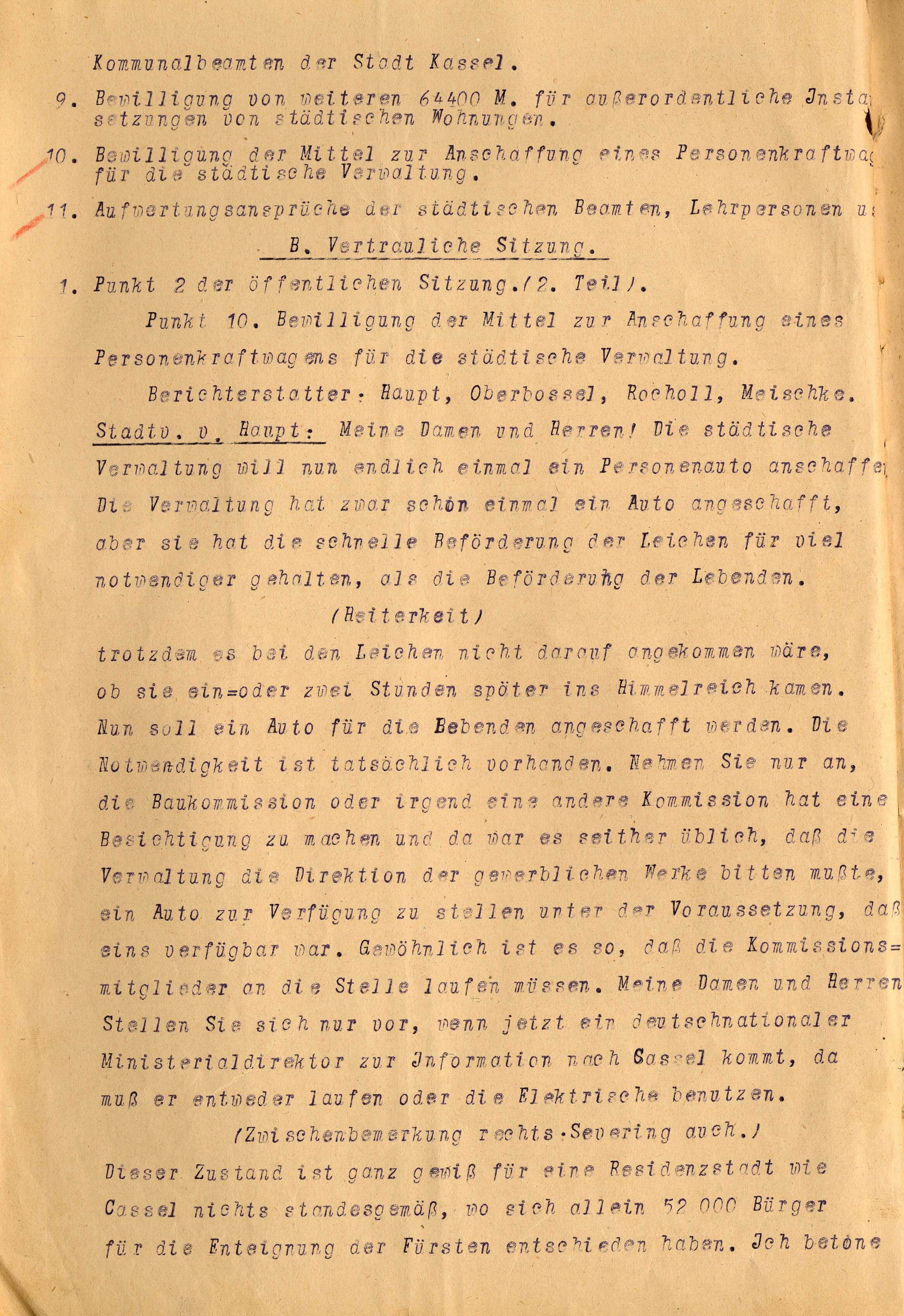 Stenographischer Bericht der 6. Stadtverordnetenversammlung Kassel vom 21. Juni 1926 (beglaubigte Abschrift vom 27.Febr. 1927)