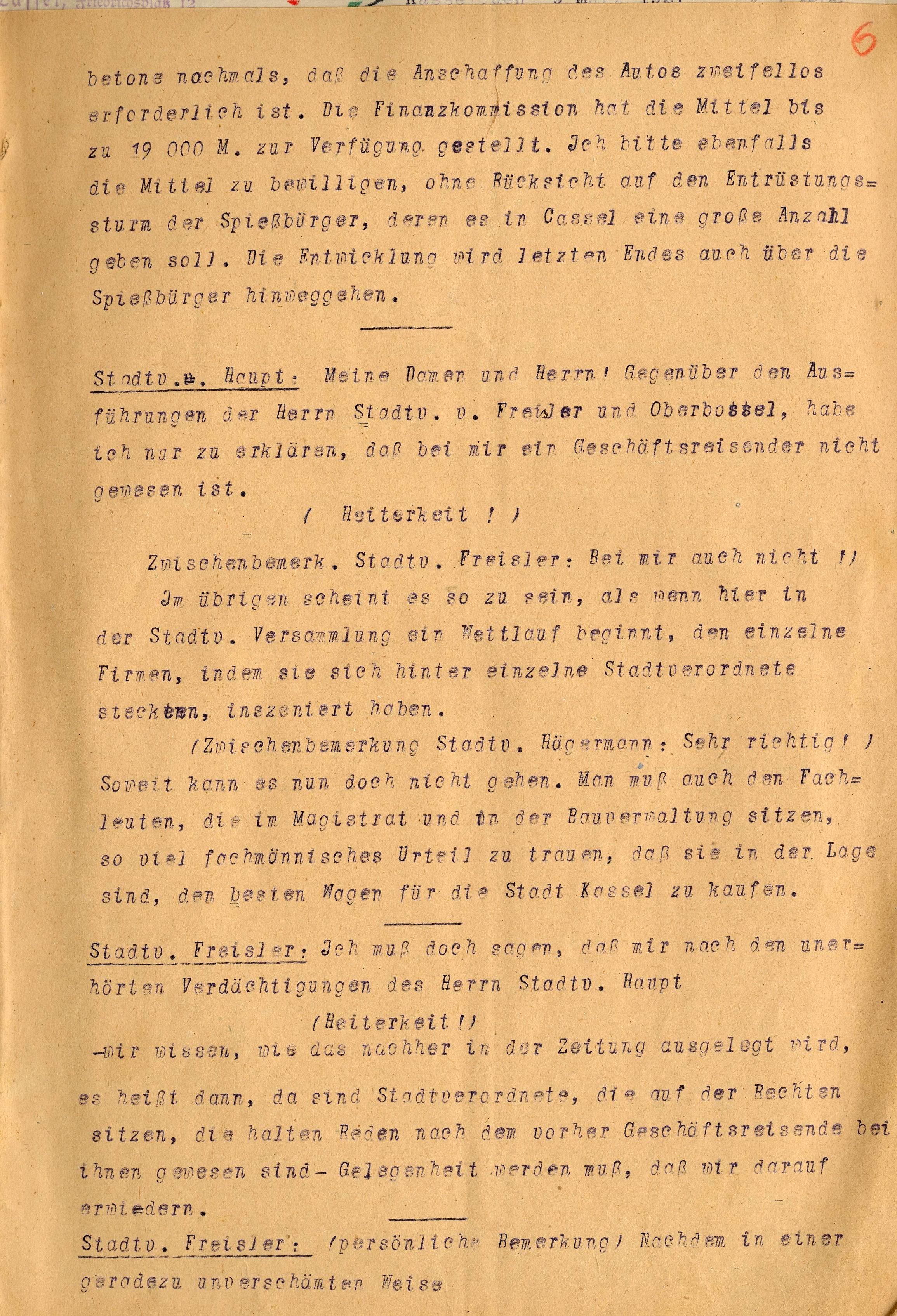 Stenographischer Bericht der 6. Stadtverordnetenversammlung Kassel vom 21. Juni 1926 (beglaubigte Abschrift vom 27.Febr. 1927)