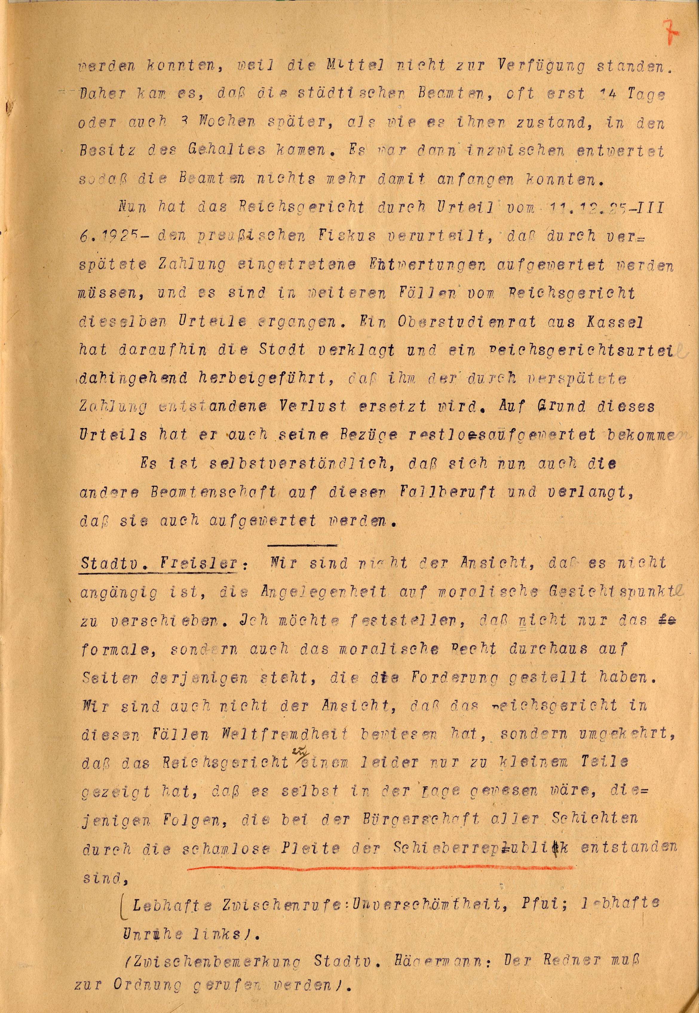 Stenographischer Bericht der 6. Stadtverordnetenversammlung Kassel vom 21. Juni 1926 (beglaubigte Abschrift vom 27.Febr. 1927)