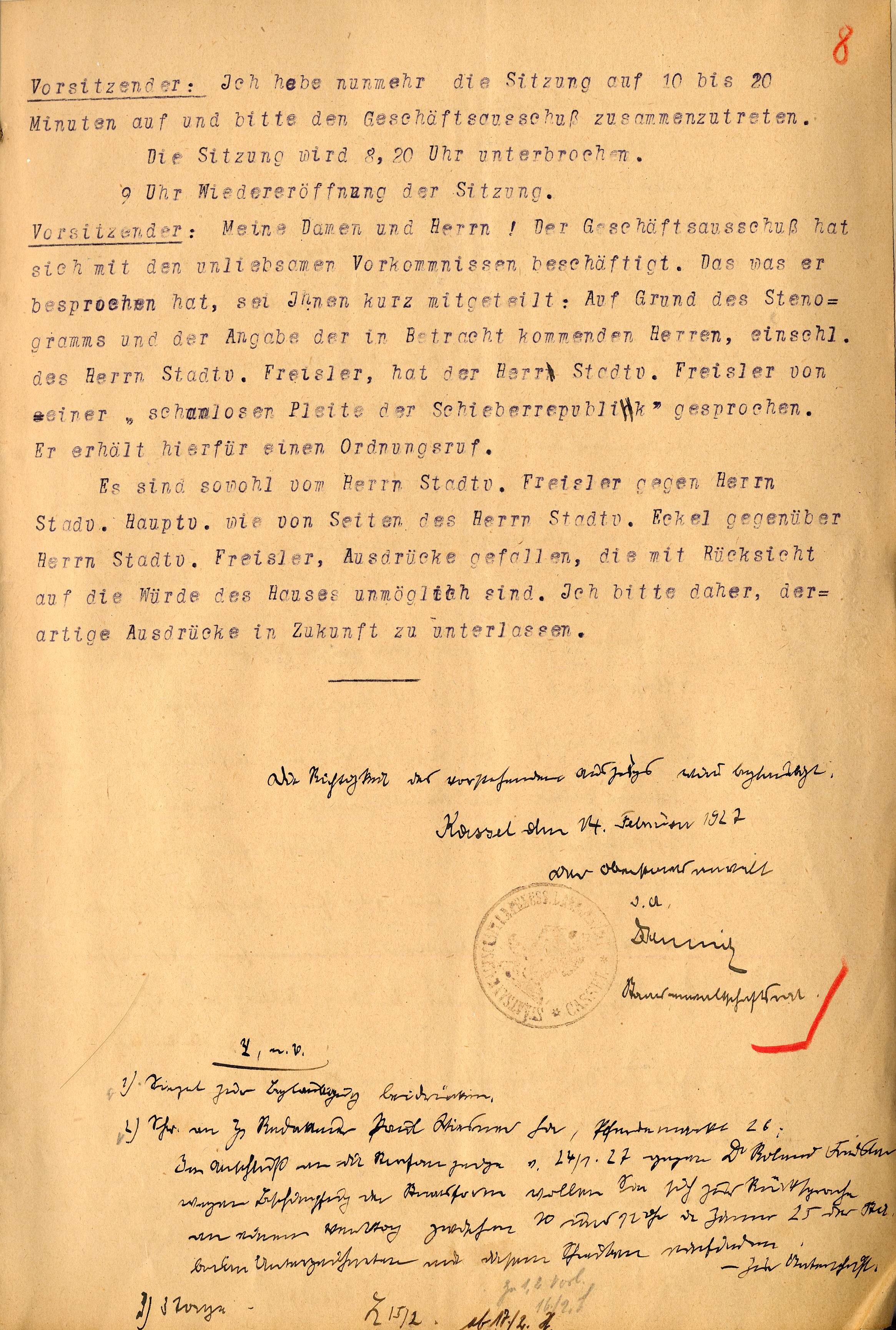 Stenographischer Bericht der 6. Stadtverordnetenversammlung Kassel vom 21. Juni 1926 (beglaubigte Abschrift vom 27.Febr. 1927)
