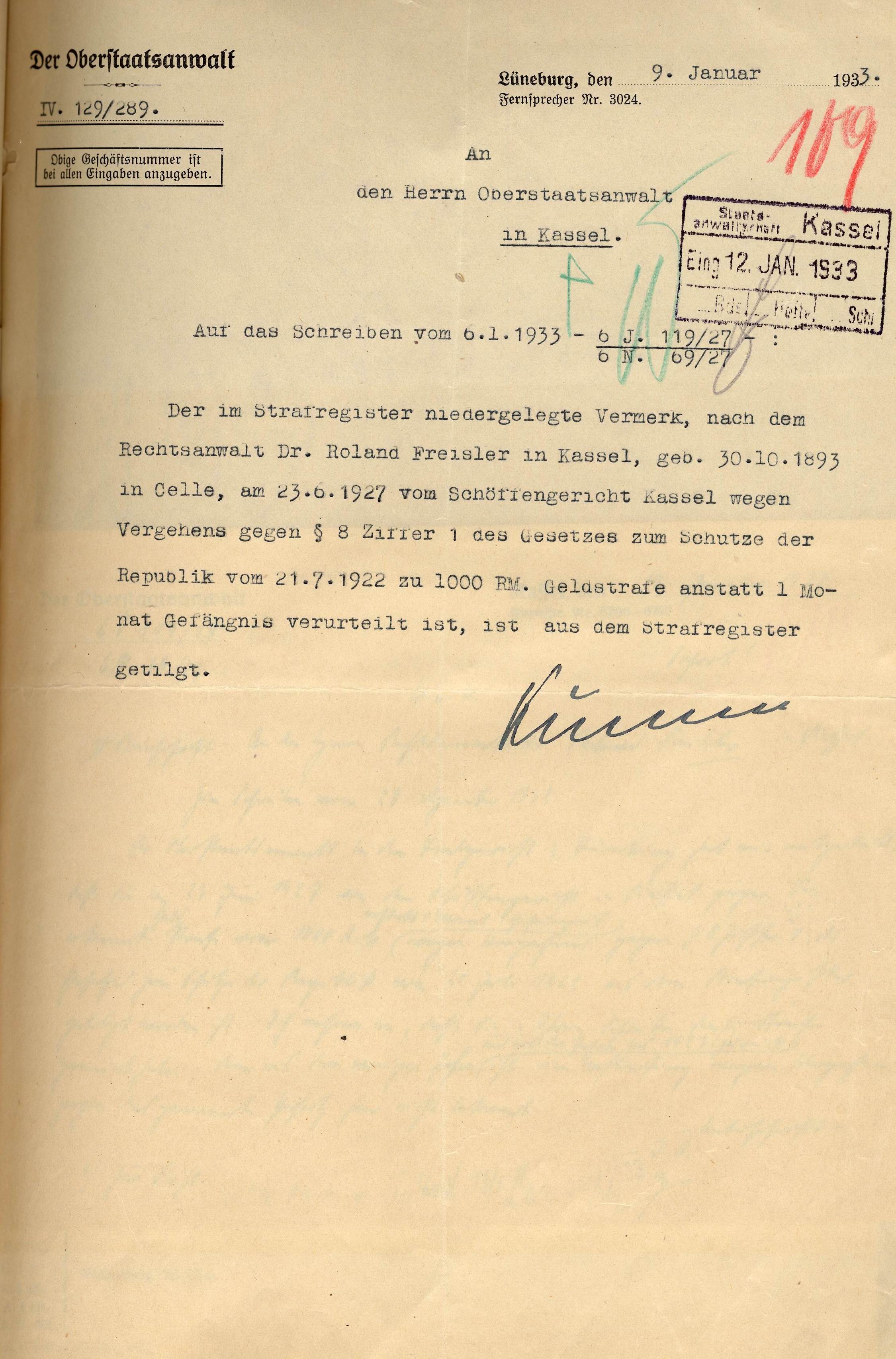 Tilgung der Vorstrafe von Dr. Freisler aus dem Strafregister
