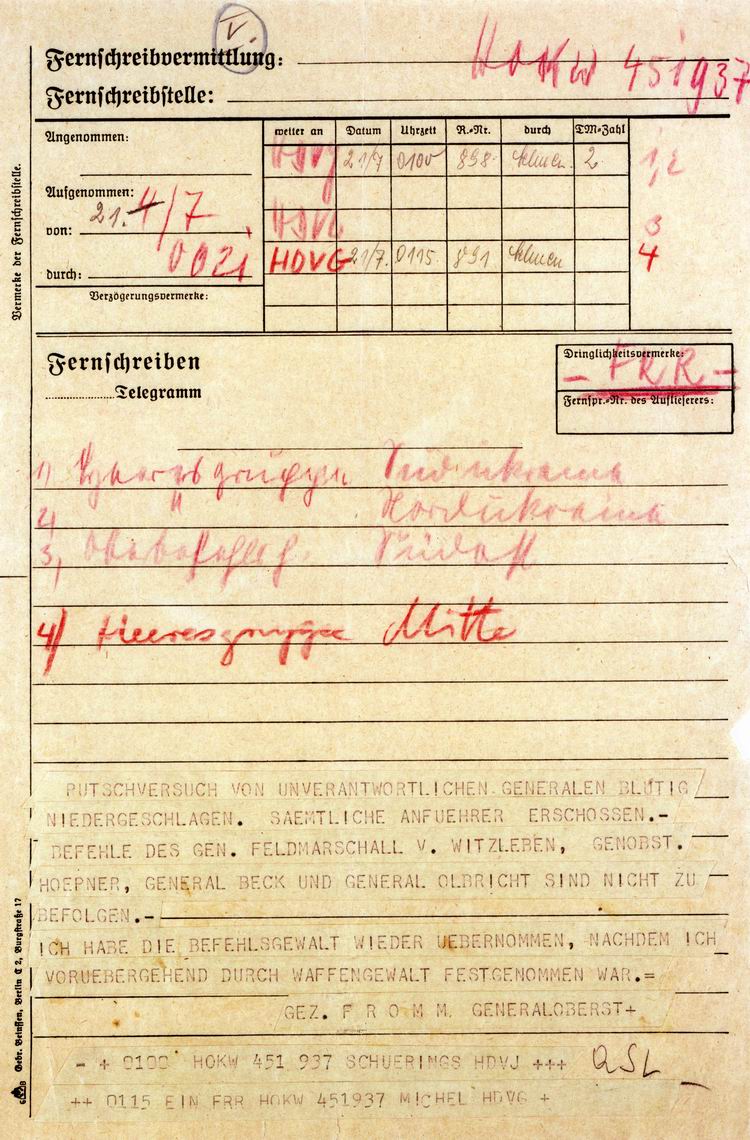 Fernschreiben von Generaloberst Fromm betreffend Niederschlagung des Aufstandes vom 20. Juli 1944