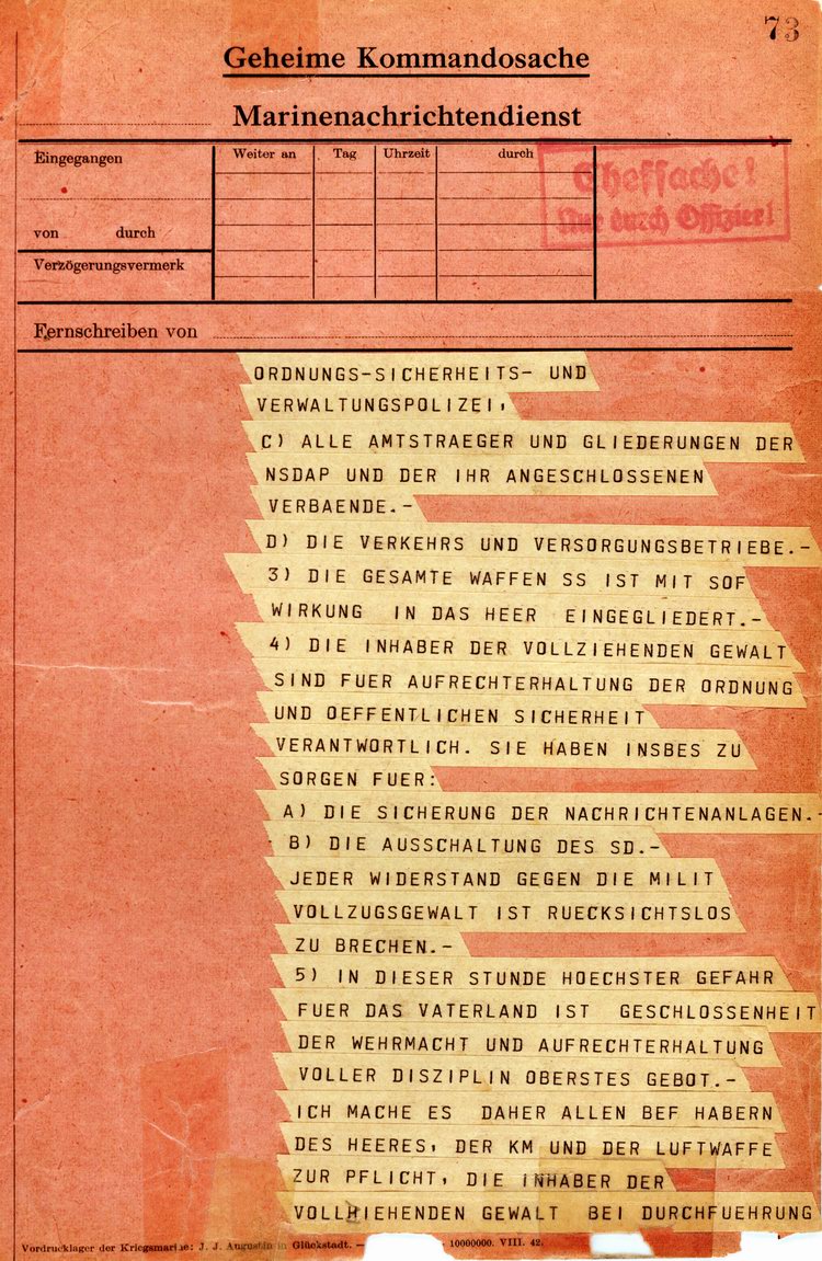 Fernschreiben der Verschwörer vom 20. Juli 1944: Der Führer Adolf Hitler ist tot