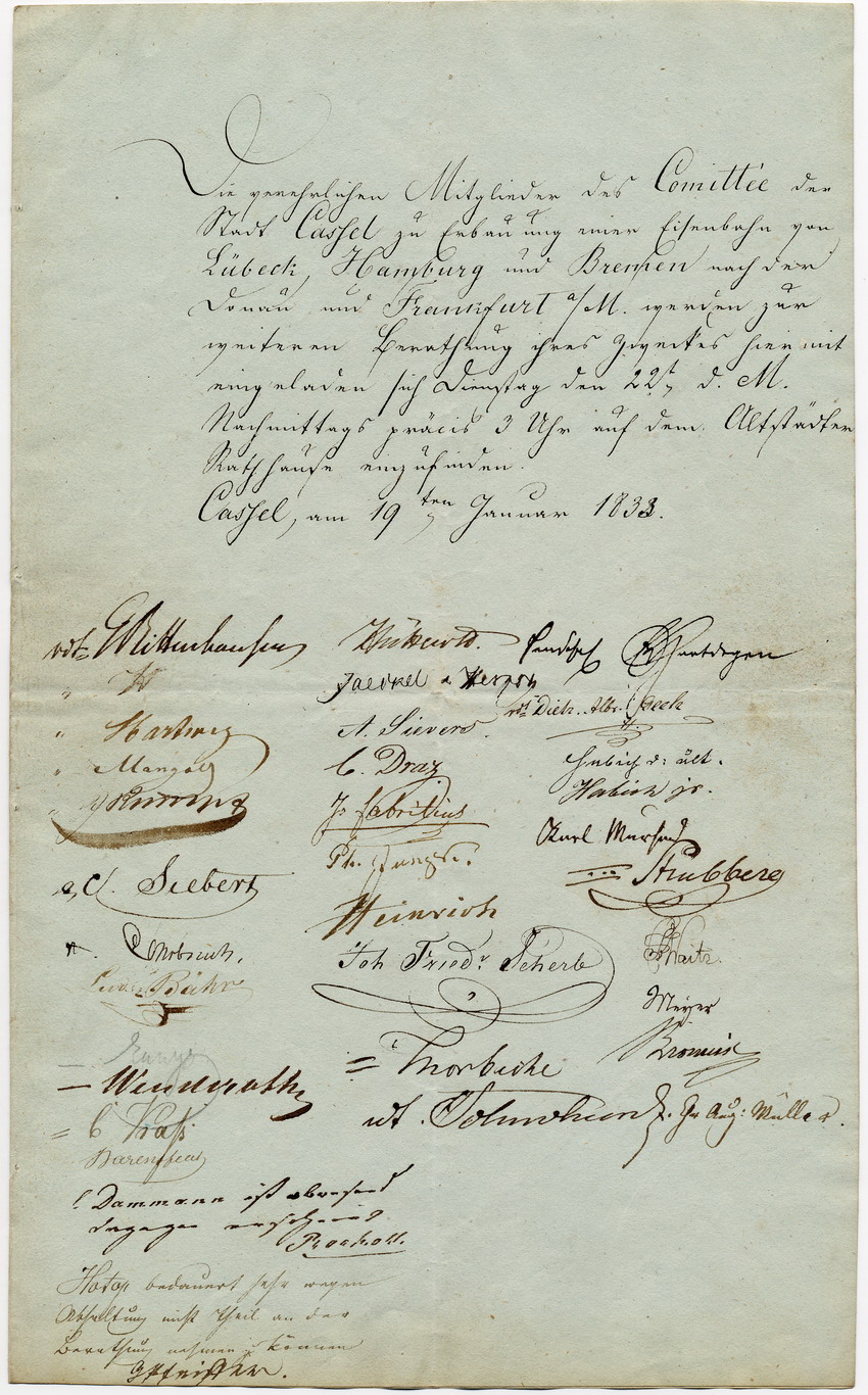Einladung zu einer Sitzung des "Aktienvereins zur Errichtung einer Eisenbahn von Lübeck, Hamburg, Bremen nach der Donau und Frankfurt". Kassel, den 19. Januar 1833