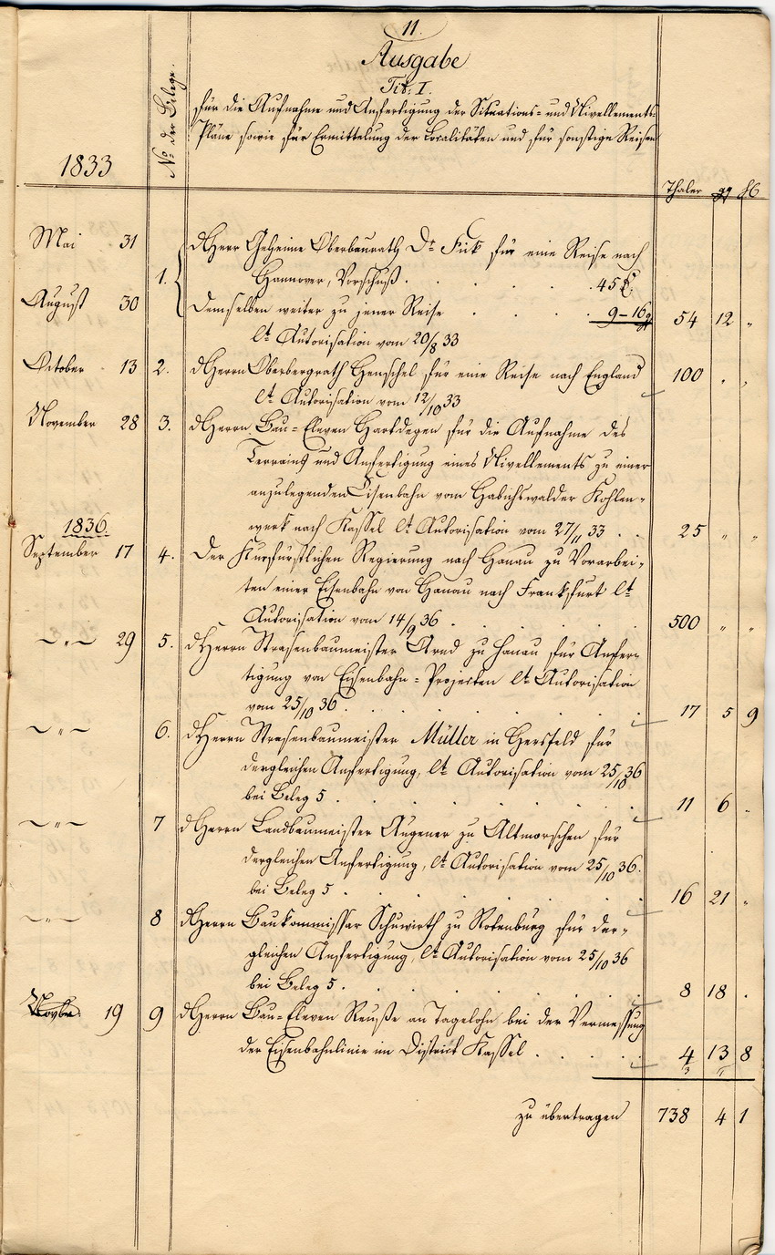 Finanzwesen Eisenbahn: Original-Rechnung über Einnahme und Ausgabe, 1. April 1833 bis 6. Juli 1838.