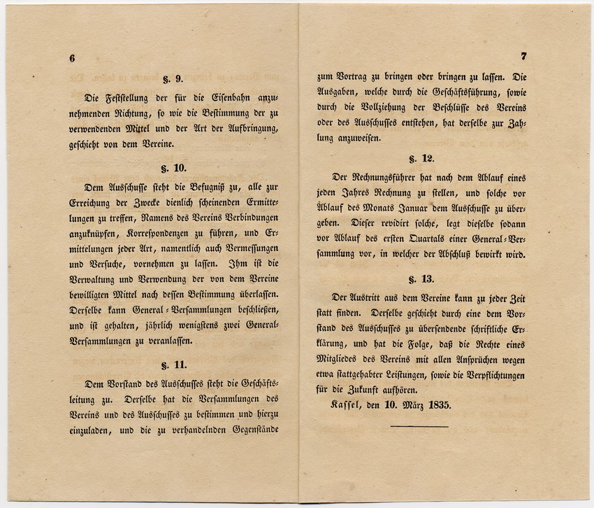 Statuten des kurhessischen Vereins für Eisenbahnen, Kassel, den 10. März 1835.