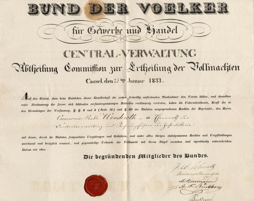 Bund der Voelker für Gewerbe und Handel, Central-Verwaltung, Abtheilung Commission zur Ertheilung der Vollmachten, Cassel, den 25. Januar 1833.