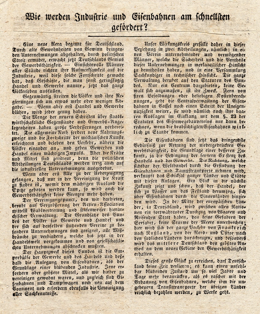 Aufruf des "Bundes der Völker für Gewerbe und Handel": Wie werden Industrie und Eisenbahnen am schnellsten gefördert? Kassel, den 24. Februar 1833