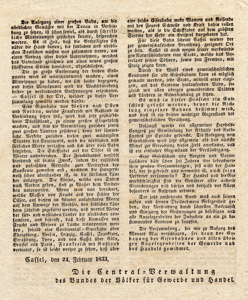 Aufruf des "Bundes der Völker für Gewerbe und Handel": Wie werden Industrie und Eisenbahnen am schnellsten gefördert? Kassel, den 24. Februar 1833