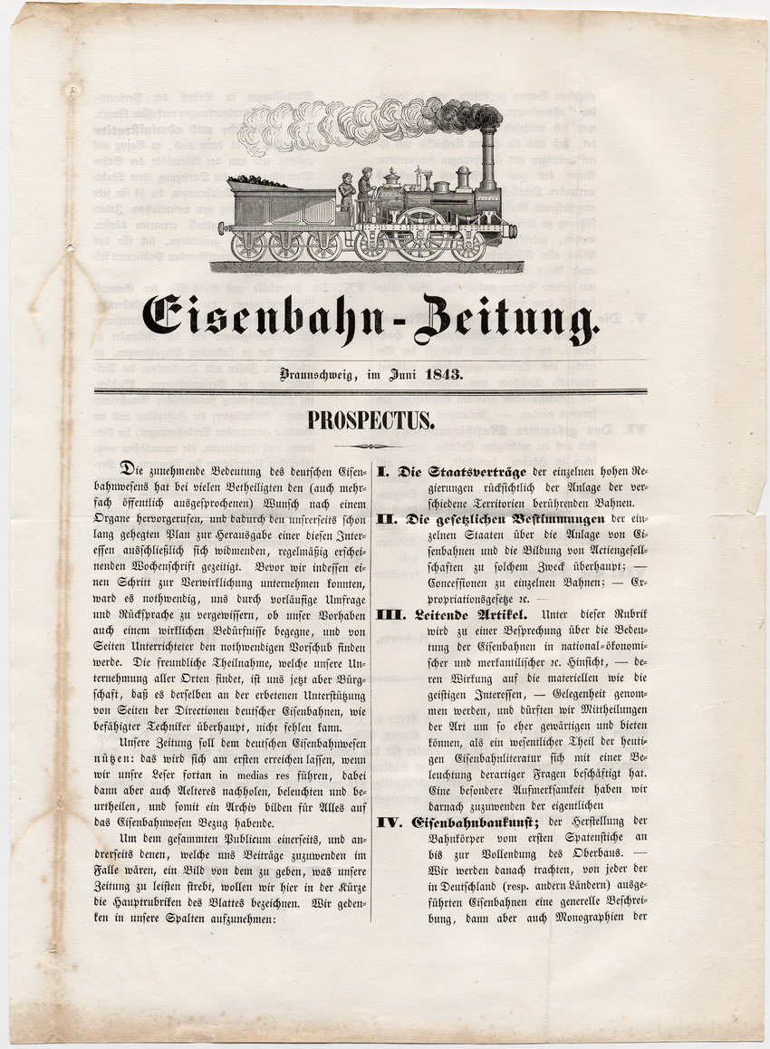 Eisenbahn-Zeitung: Prospectus, Braunschweig, den 13 Juni 1843.