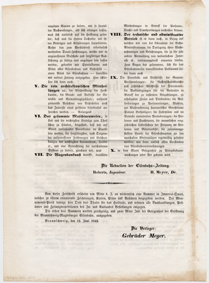 Eisenbahn-Zeitung: Prospectus, Braunschweig, den 13 Juni 1843.