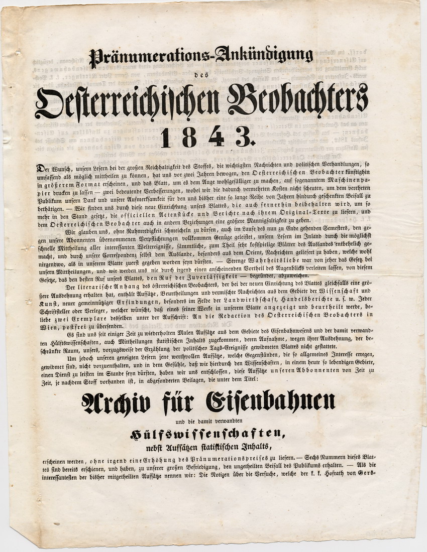Pränumerations-Ankündigung des Oesterreichischen Beobachters, Wien im Juni 1843.
