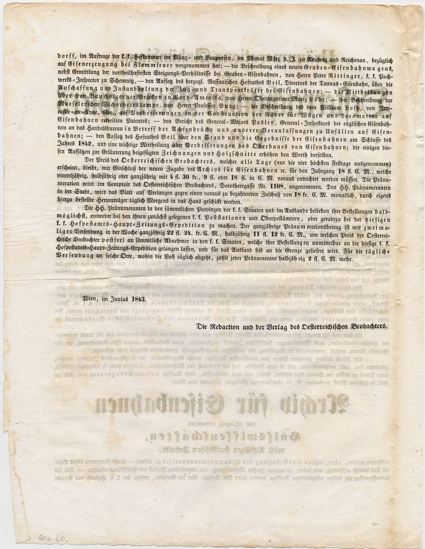 Pränumerations-Ankündigung des Oesterreichischen Beobachters, Wien im Juni 1843.