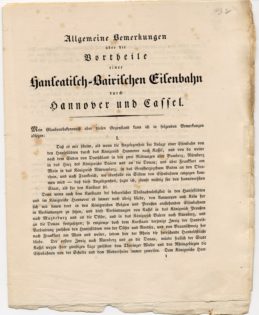 Allgemeine Bemerkungen über die Vortheile einer Hanseatisch-Bairischen Eisenbahn durch Hannover und Cassel, Kassel, den 29. Juni 1833.