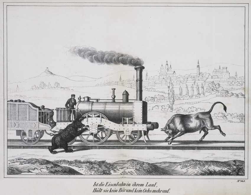 Karikatur auf die Gegner des Eisenbahnbaus: "Ist die Eisenbahn in ihrem Lauf, Hält sie kein Bär und kein Ochs mehr auf", 1844.