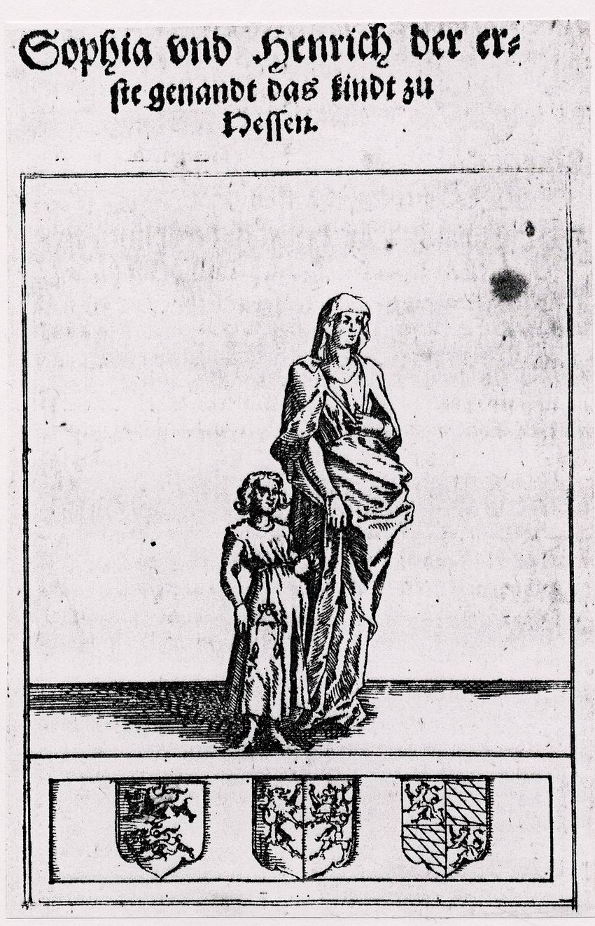 Bildnis der Sophie von Brabant mit ihrem Sohn Heinrich. Holzschnitt aus der Hessischen Chronik von Wilhelm Dilich, 1605