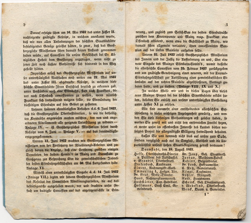 Neueste Aktenstücke in Beziehung auf die Eisenbahn im Großherzogthum Hessen und deren Verbindung mit der Mainz-Frankfurter Eisenbahn, Darmstadt den 18. August 1837.