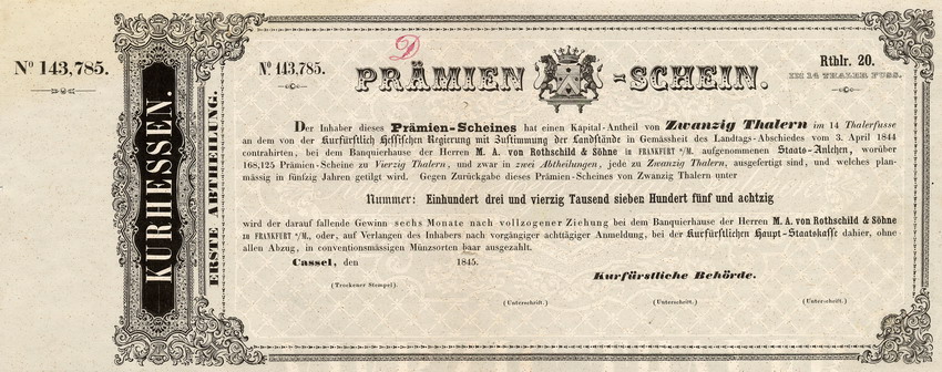 Prämienschein über einen Kapitalanteil an der kurhessischen Staatsanleihe für den Bau der Main-Weser-Bahn, Cassel 1845.