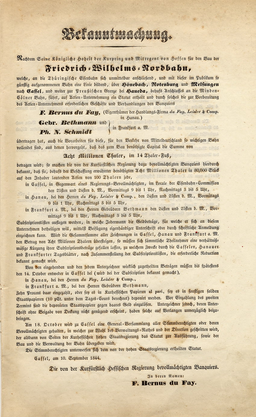 Bekanntmachung zur Friedrich-Wilhelms-Nordbahn, Kassel, den 10. September 1844.