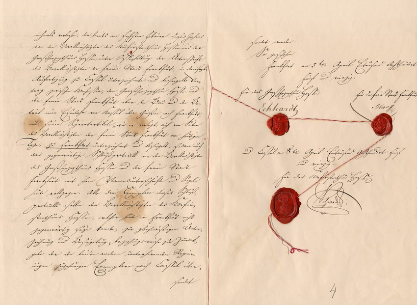 Schlussprotokoll und Ratifikationsurkunde über den geplanten Bau einer Eisenbahn von Kassel nach Frankfurt, Darmstadt , den 6. Mai 1845 und Frankfurt, den 8. Mai 1845.