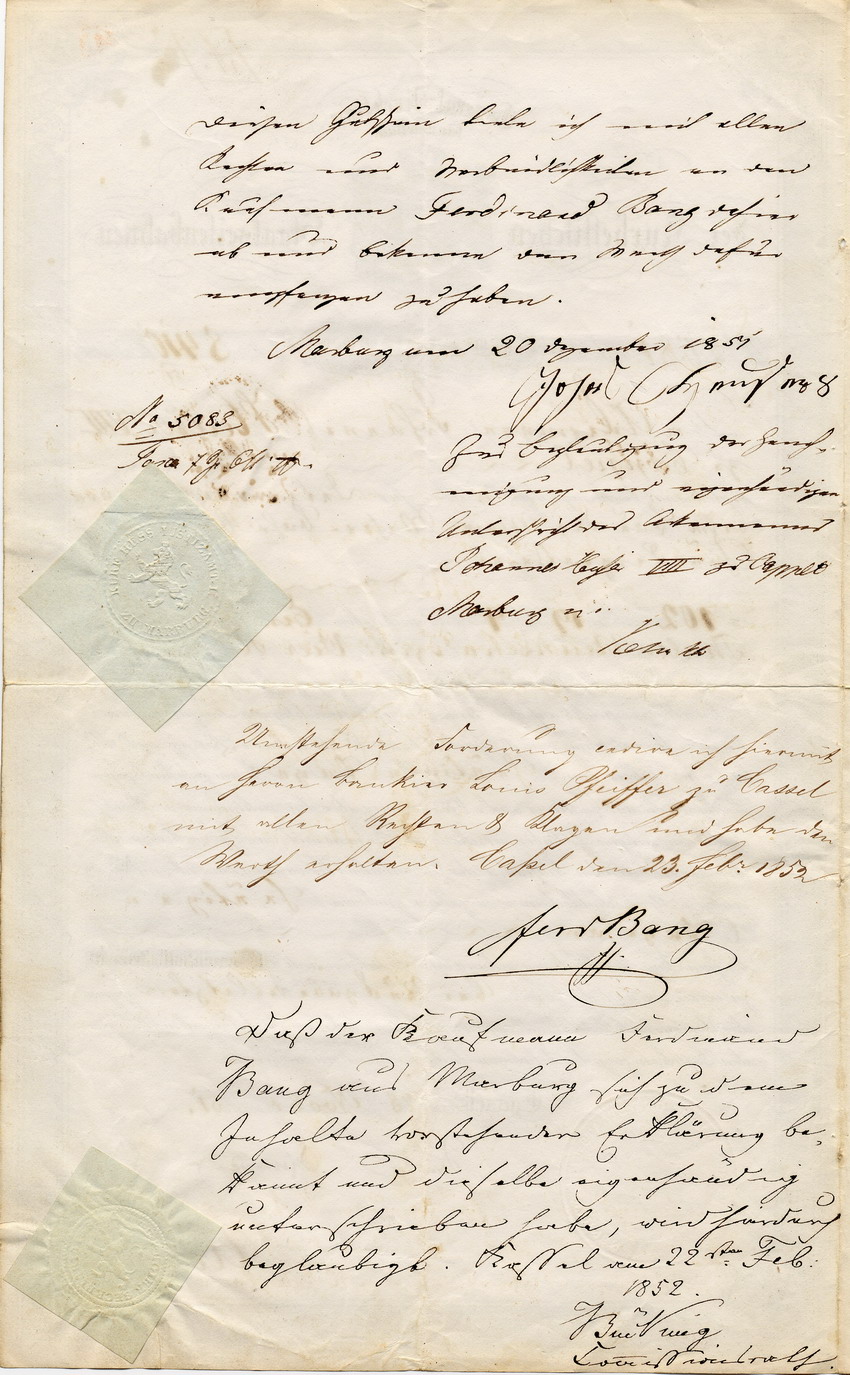 Gutschein der Generaldirektion für den Bau der kurhessischen Staatseisenbahnen, Kassel, den 28. November 1851.