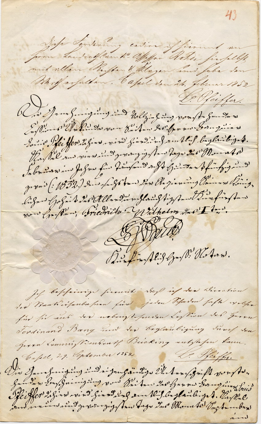 Gutschein der Generaldirektion für den Bau der kurhessischen Staatseisenbahnen, Kassel, den 28. November 1851.