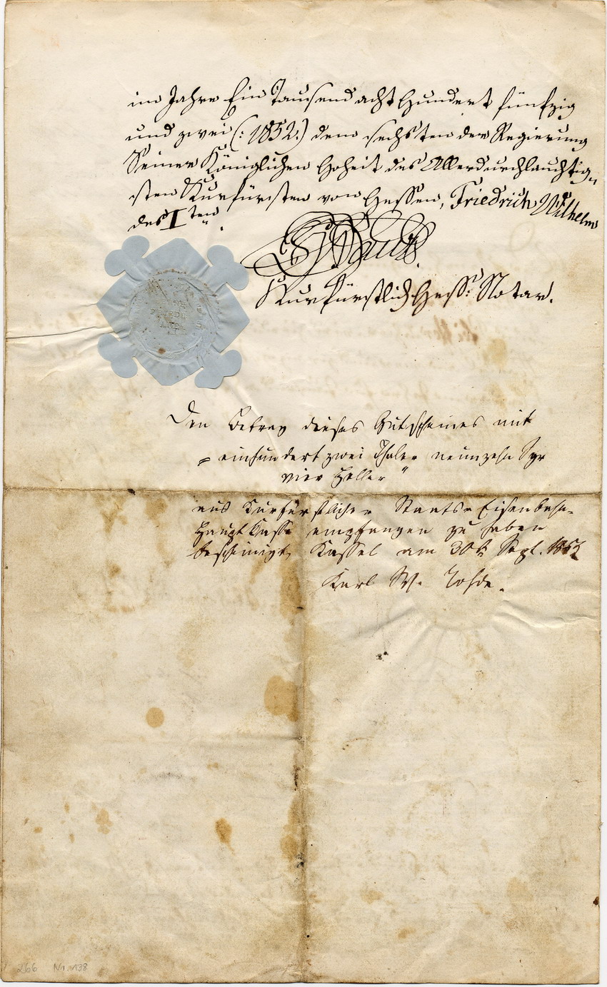 Gutschein der Generaldirektion für den Bau der kurhessischen Staatseisenbahnen, Kassel, den 28. November 1851.