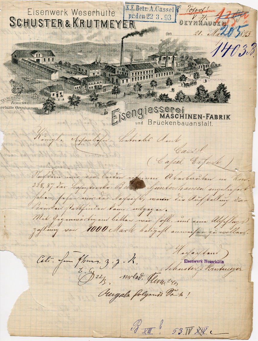 Bitte der Eisengießerei und Brückenbauanstalt Weserhütte Schuster & Krutmeyer, Oeynhausen, den 21. Mai 1893.