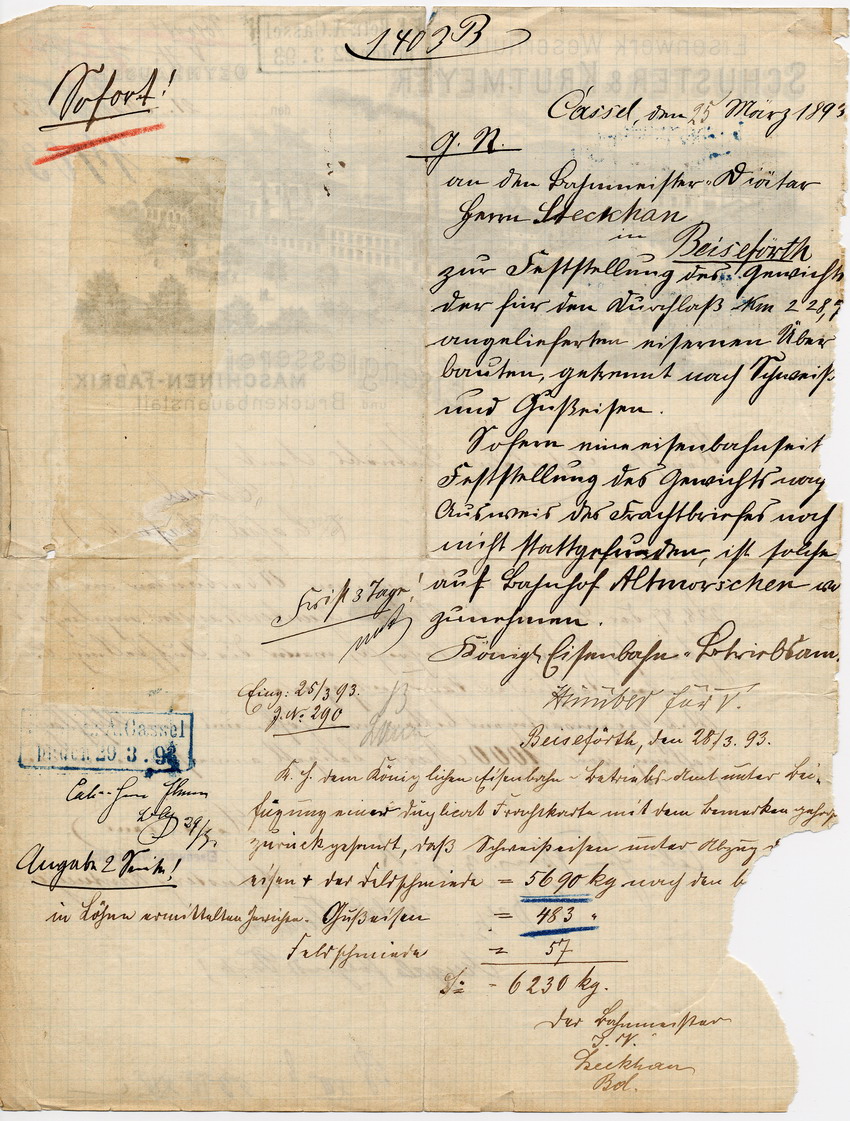 Bitte der Eisengießerei und Brückenbauanstalt Weserhütte Schuster & Krutmeyer, Oeynhausen, den 21. Mai 1893.