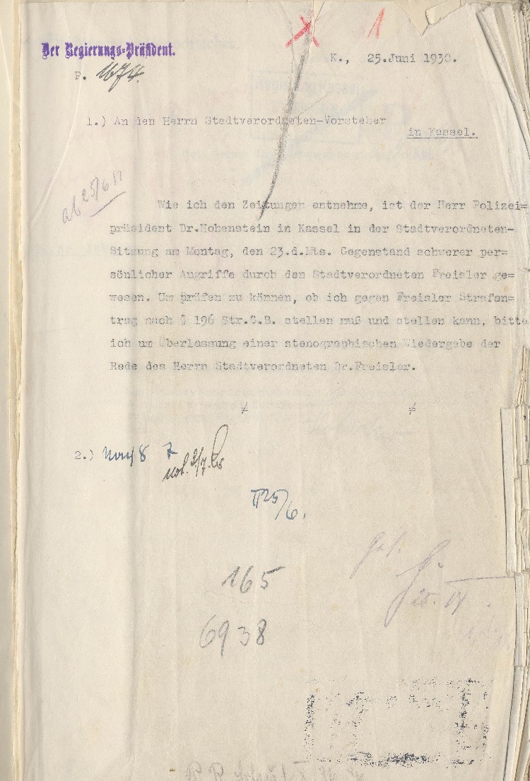 Schreiben des Regierungspräsidenten von Kassel an den Stadtverordnetenvorsteher, betr. die Niederschrift der Äußerungen von Freisler am 23.06.1930