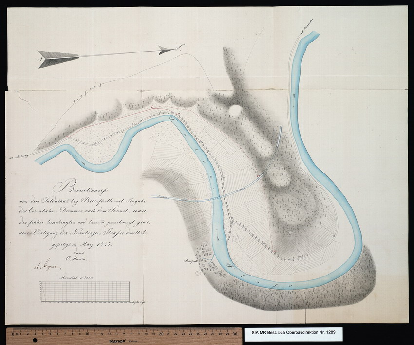 Brouillonriss von dem Fuldathal bey Beiseförth, März 1847.
