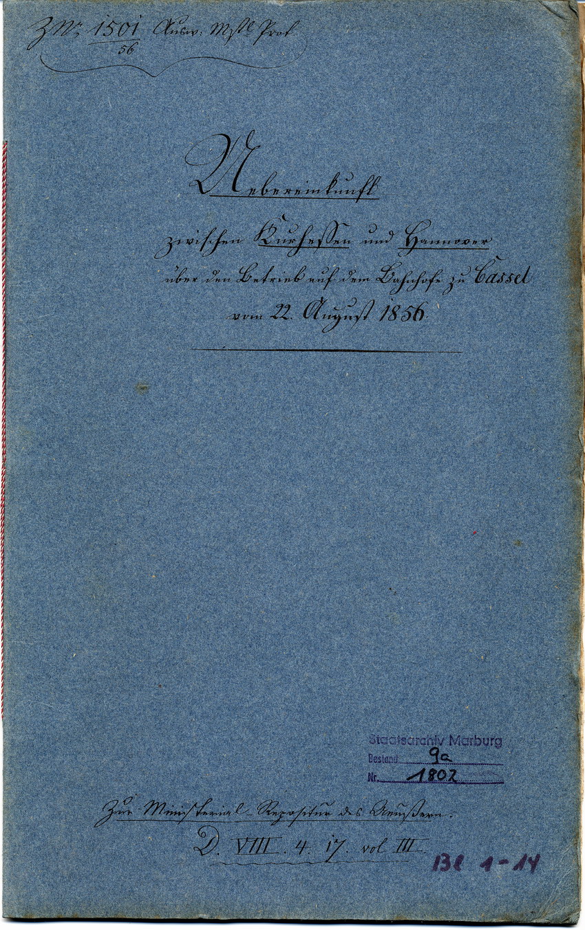 Übereinkunft zwischen Kurhessen und Hannover über den Betrieb auf dem Bahnhof  zu Kassel, Kassel, den 22. August 1856.