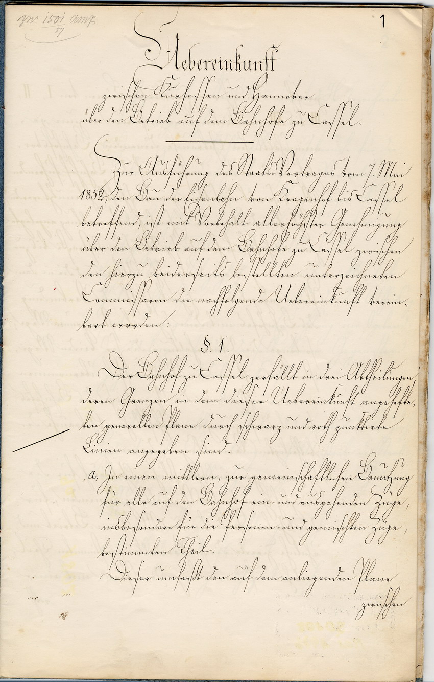 Übereinkunft zwischen Kurhessen und Hannover über den Betrieb auf dem Bahnhof  zu Kassel, Kassel, den 22. August 1856.